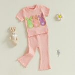 MAHUAOYIXI Toddler Baby Girls Easter Outfits Bunny Print Short Sleeve Ribbed Tops T-shirts with Elastic Waist Flare Pants 2Pcs Set Baby Clothes for Girls - Image 2