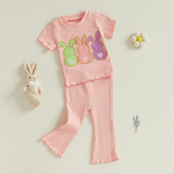 MAHUAOYIXI Toddler Baby Girls Easter Outfits Bunny Print Short Sleeve Ribbed Tops T-shirts with Elastic Waist Flare Pants 2Pcs Set Baby Clothes for Girls - Image 2