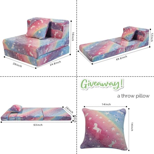 MeMoreCool Glow Rainbow Unicorn Tri-Fold Sofa Bed for Kids, Foldable Futon Mattress, Chair, and Floor Couch for Playroom - Image 3