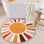 KIMODE Retro Sun Round Rug 90cm, Non Slip Area Rugs for Bedroom Soft Machine Washable Rugs Living Room Indoor Door Mat with Pom Poms Fringe Circle Entryway Rug for Bedroom Living Dining Room - Image 2