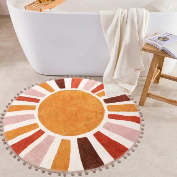 KIMODE Retro Sun Round Rug 90cm, Non Slip Area Rugs for Bedroom Soft Machine Washable Rugs Living Room Indoor Door Mat with Pom Poms Fringe Circle Entryway Rug for Bedroom Living Dining Room - Image 2
