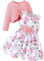 Girl Dress Toddler Long Sleeve Dresses A-line Floral Casual Party Dress with Cardigan Sets for Little Big Kids 4-13 Years
