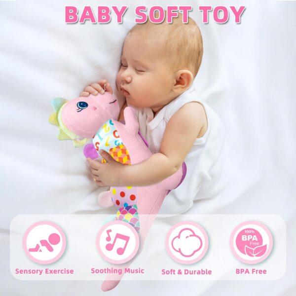 Baby Dino Musical Stuffed Animal Toys for 0-3-6-9-12 Months，Infant Dinosaur Tummy Time Toys with Crinkle Sound Paper,Teether，Textures & Rattles for Newborn Boys Girls Birthday Gifts，Pink - Image 5