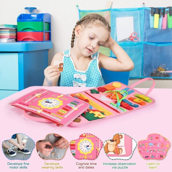 khlerox Busy Board Montessori Toy for Toddlers, Educational Learning Activity Sensory Board, Developing Sensory Toy for Fine Motor Skills, Travel Toy for Plane Car, Gift for Boys Girls (Pink) - Image 4