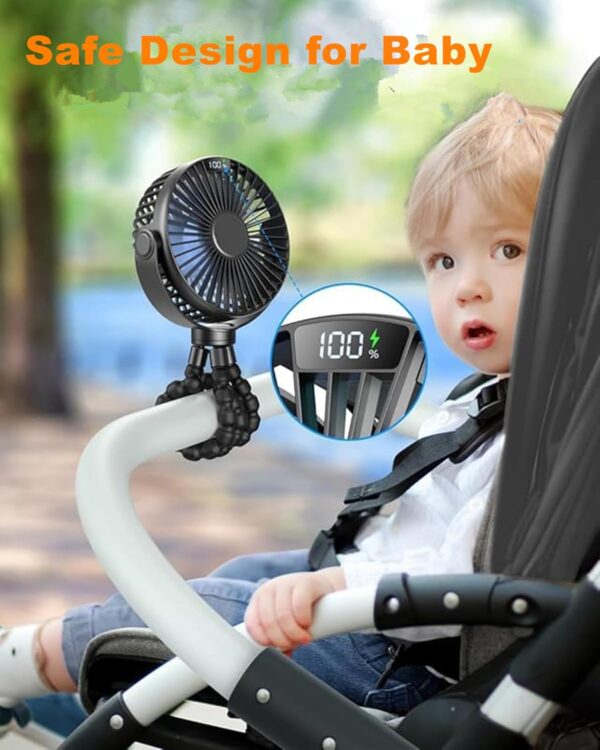 Mini Portable Baby Stroller Fan, 4 Speeds Battery Operated Small Handheld Desk Fan, 4000mAh Battery Operated Rechargeable 360°Flexible Tripod Cooling Fan for Car Seat Crib Treadmill Golf Cart Travel - Image 2