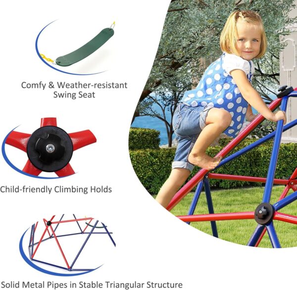 GYMAX 10FT Dome Climber, Kids Climbing Set with Swing and Convenient Grip, Indoor Outdoor Children Climbing Frame for 3-12 Years Old Boys Girls, Max Weight 350kg (Red+Blue, 305x293x159cm) - Image 2