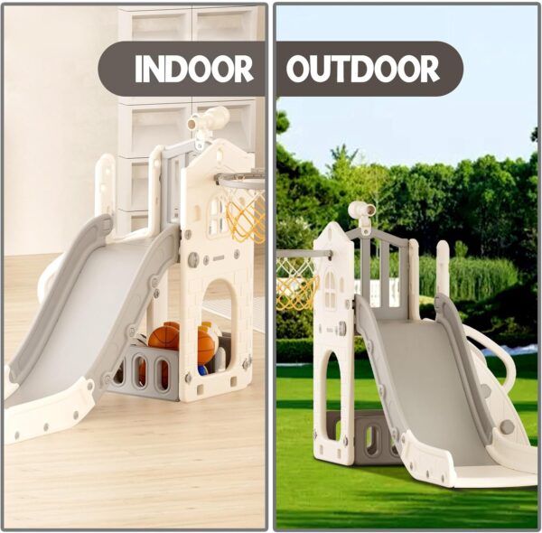 KORIMEFA 4-in-1 Kids Slide Toddler Climber Slide Set with Basketball Hoop, Storage Box and Telescope, Indoor Outdoor Freestanding Slider Garden Slide Playground for Toddlers Ages 18-36 Months - Image 7