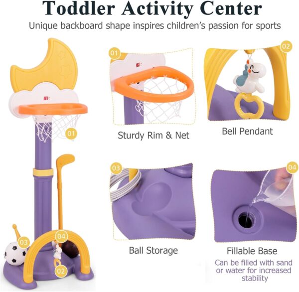 Maxmass 4 in 1 Kids Basketball Hoop Set, 9 Levels Toddler Basketball Stand with Electronic Scoreboard, Soccer Goal, Ring Toss, Golf Set, Kids Sports Activity Center for Boys Girls (Purple+Yellow) - Image 5