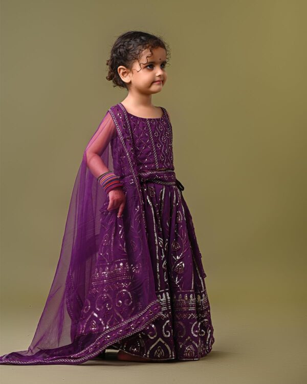 Futra Gabha Magenta thread embroidered sleeveless choli with lehenga & net dupatta - Image 4