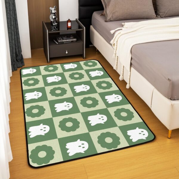 Happy Halloween Kids Area Rug Cartoon White Ghosts Decor Indoor Floor Mat for Boys Girls Teens Retro Green Daisy Patchwork Plaid Non Slip Rug for Living Room Chairs 3'x5' - Image 4