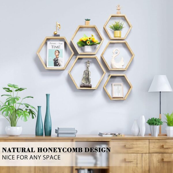 Hexagonal Floating Shelves Wall Mounted Set of 6 Wooden Hexagon Shelves Farmhouse Storage Honeycomb Wall Shelves Hexagon Hanging Shelves Rustic Geometric Wall Shelf for Nursery Bedroom Living Room - Image 2