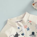 XIXIMAON Toddler Boy One Piece Swimsuit Marine Animal Print Half Zipper Long Sleeve Bathing Suit Kids Rash Guard Newborn Baby Boy Swimwear with Hat - Image 3