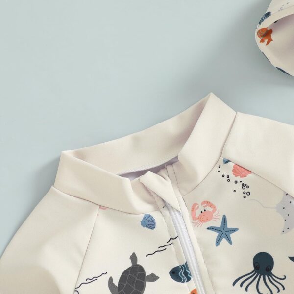 XIXIMAON Toddler Boy One Piece Swimsuit Marine Animal Print Half Zipper Long Sleeve Bathing Suit Kids Rash Guard Newborn Baby Boy Swimwear with Hat - Image 3