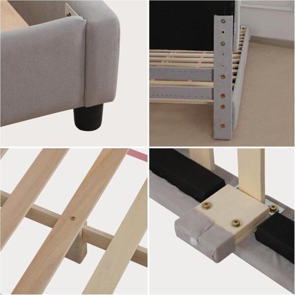 DGBAOBEI Velvet Wooden Kids Bed, Single Children Bed Frame with Headboard and Footboard, Solid Wood Toddler Bed for Child(Grey) - Image 4