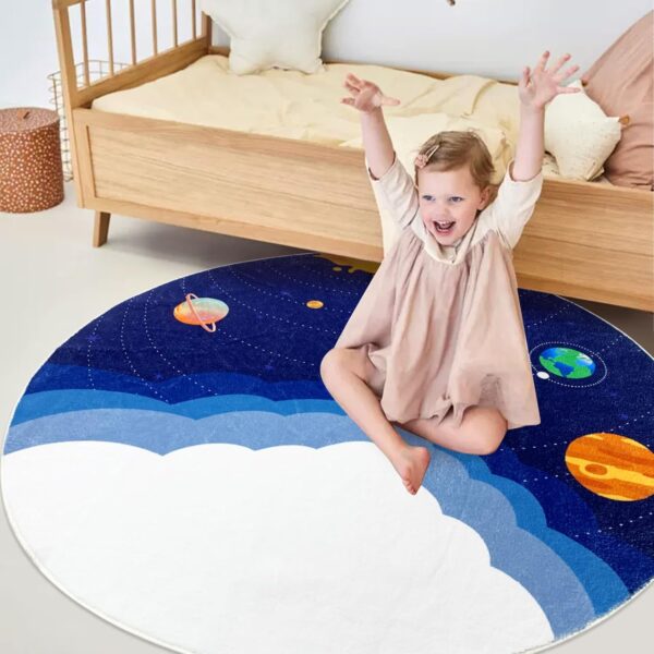 USTIDE Cute Kids Rug Outer Space Rug Universe Galaxy Rug Dark Blue Round Rug with Airship Rocket Soft Non Slip Carpet For Living Room Kids Bedroom Playroom Nursery, 120cm - Image 3