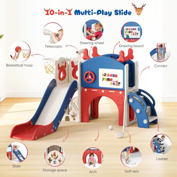Krovtoy Christmas Elk Theme Toddler Slide,Toddler Slide Freestanding with Basketball Hoop, golf set,Baby Slide Playground Equipment,for in/outdoor use (Blue Red-6 in 1) - Image 3