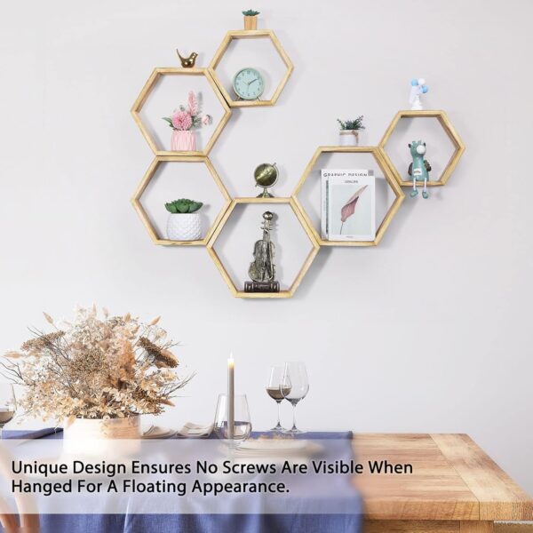 Hexagonal Floating Shelves Wall Mounted Set of 6 Wooden Hexagon Shelves Farmhouse Storage Honeycomb Wall Shelves Hexagon Hanging Shelves Rustic Geometric Wall Shelf for Nursery Bedroom Living Room - Image 4