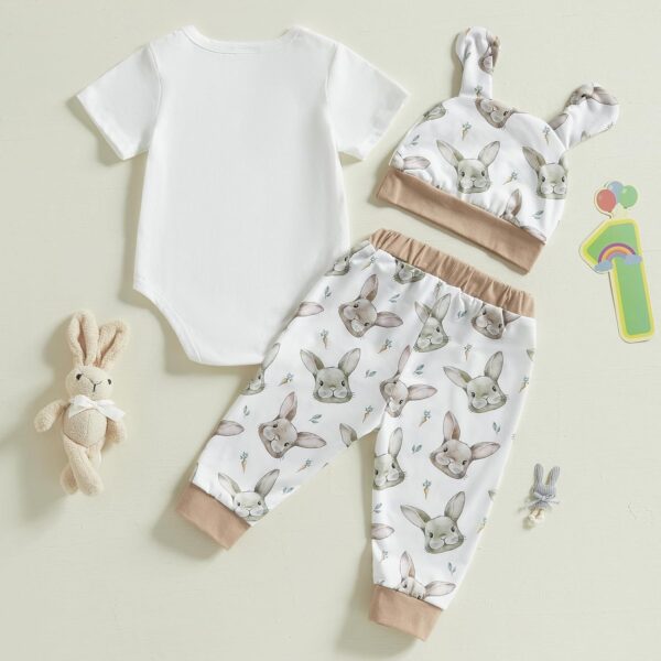 MAHUAOYIXI Toddler Baby Easter Outfits Newborn Baby Boys Clothes Bunny Print Long Sleeves Romper and Truck Carrot Print Pants and Hat Infant Boys 3Pcs Clothing Set - Image 3