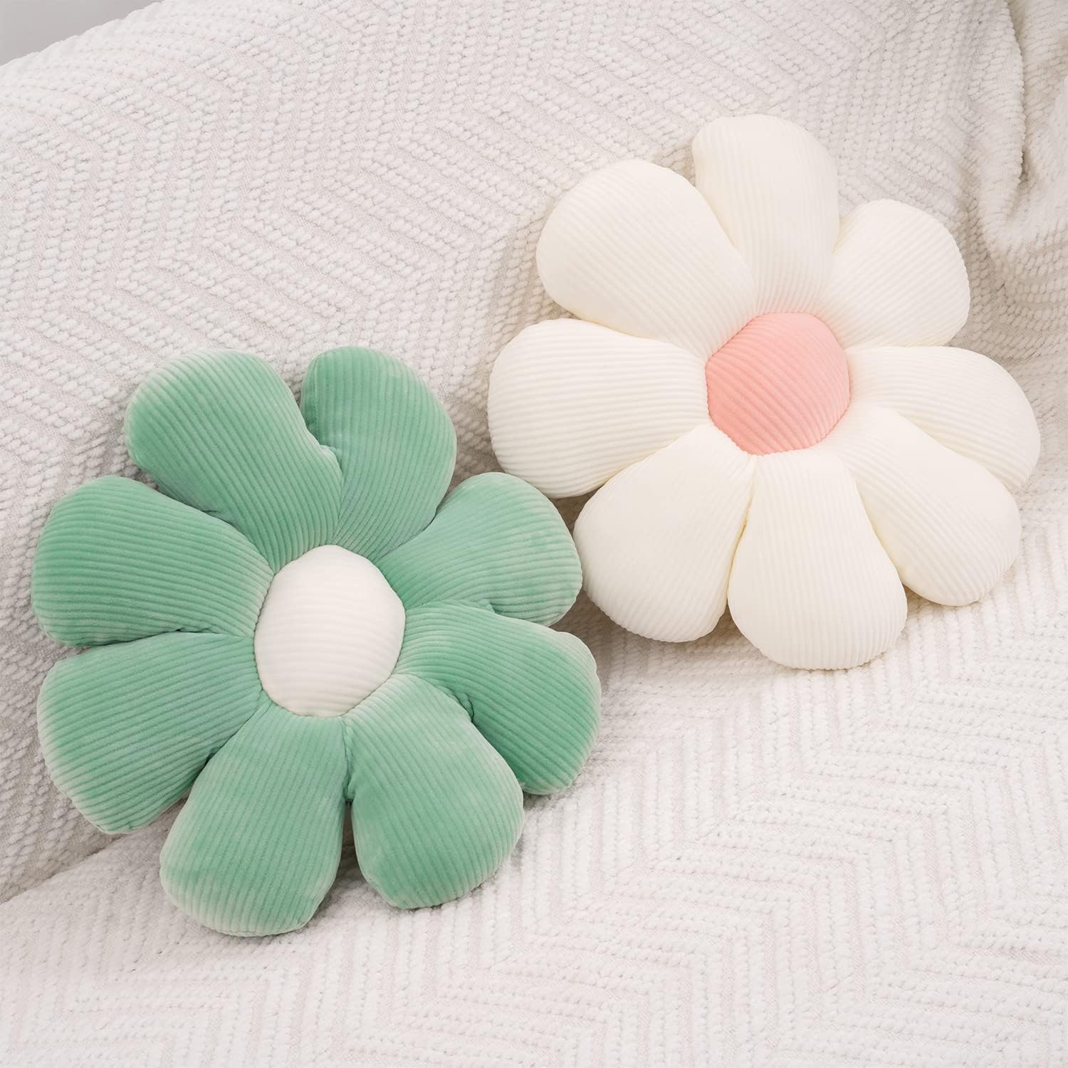 71nS1Rr8NbL._AC_SL1500_.jpg FSRONGXI 2pcs Flower Cushion Daisy Green Throw Pillows, Cute Flower Plush Floor Pillow Cushion for Bedroom Sofa Chair Decor (Green & White, 38x38cm) - Image 1