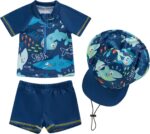 WERNZATT Toddler Baby Boys 3 Pieces Swimsuit Set Swimwear Dinosaur Shark Zipper Bathing Suit UPF 50+ Rash Guards with Hat