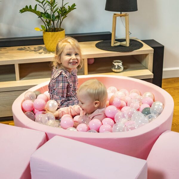 KiddyMoon Foam Playground For Kids With Square Ballpit (100 Balls ∅ 7Cm/2.75In) Soft Obstacles Course And Ball Pool, Made In The EU, Pink:Powder Pink/Pearl/Transparent - Image 6