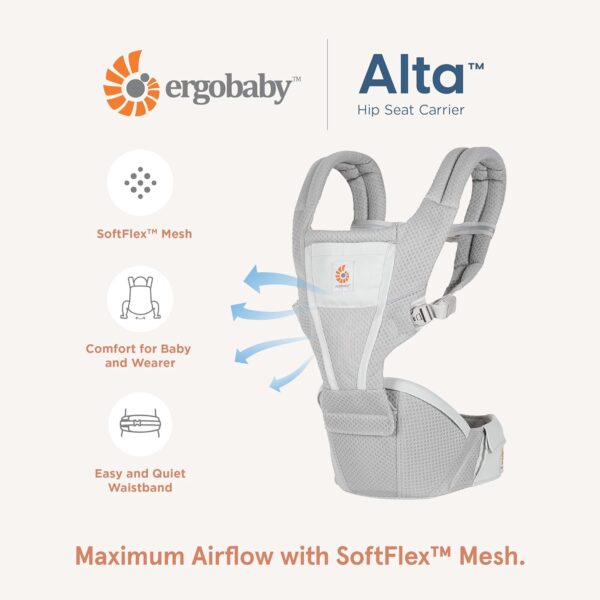 Ergobaby Alta Hip Seat Baby Carrier with Baby Seat for Babies and Toddlers from 4 Months (5.5 kg - 20.4 kg), Carrier with SoftFlex Mesh, Pearl Grey - Image 9