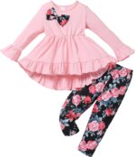 puseky Toddler Baby Girl Clothes Long Sleeve Ruffle Bow Solid Shirt Dress Tops and Floral Pants Girls Fall Clothes Sets