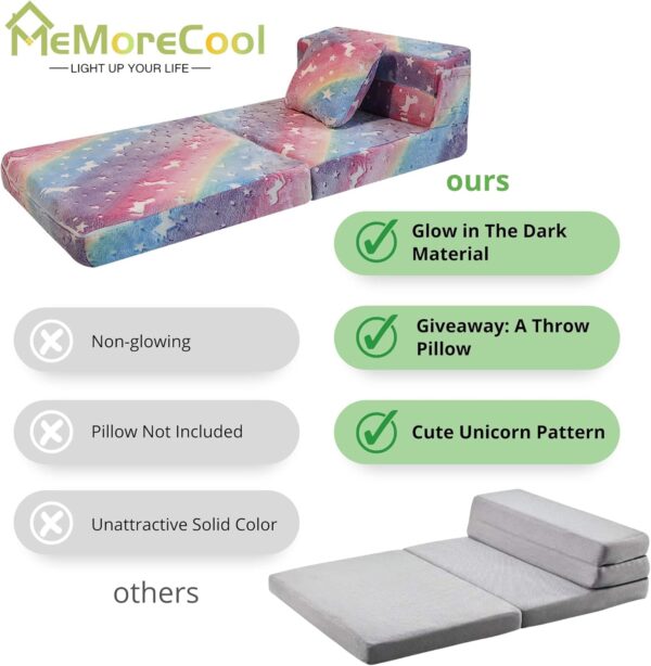 MeMoreCool Glow Rainbow Unicorn Tri-Fold Sofa Bed for Kids, Foldable Futon Mattress, Chair, and Floor Couch for Playroom - Image 5