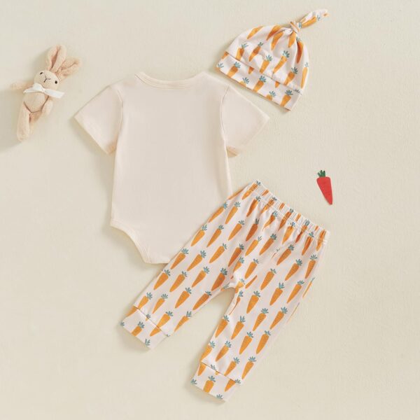 Vioyavo Baby Boy Girl Easter Outfit Newborn Clothes Letter Bunny Short Sleeve Romper Carrot Pants Knotted Hat 3 Piece Set - Image 3