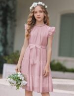Arshiner Girls Dresses Ruffle Sleeve Summer Dress Ruffle Neck Chiffon Dress Solid Color Children's Dress Elegant A Line Party Dress Children Festive Dress with Belt 5-13 Years - Image 2