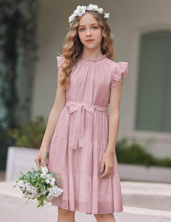 Arshiner Girls Dresses Ruffle Sleeve Summer Dress Ruffle Neck Chiffon Dress Solid Color Children's Dress Elegant A Line Party Dress Children Festive Dress with Belt 5-13 Years - Image 2