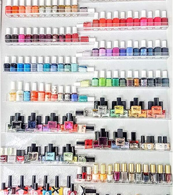 Hedume 6 Pack Nail Polish Rack Wall Mounted Shelf with Removable Anti-slip End Inserts, Nail Polish Wall Rack Shelves, Clear Acrylic Nail Polish Organizer Display for 70-90 Bottles - Image 6