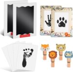 Nabance Baby Hand and Footprint Kit Inkless Hand Print & Footprint Kit with 2 Jungle Animals Pattern Photo Frame 2 Large Ink Pad 4 Cute Clips 4 Imprint Cards Mess Free Ink Pad Family Keepsake