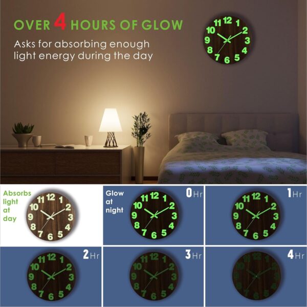Plumeet Night Light Wall Clock, 12 Inch Wooden Glow in the Dark Clock for Bedroom, Silent Lighted up Wall Clock Luminous Numerals and Hands, Battery Operated for Living Room/Kitchen, Brown - Image 4