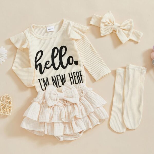 YILEEGOO Newborn Baby Girl Outfit Long Sleeve Hello I'M NEW HERE Romper Bloomers Tutu Skirt Socks Headband Set 4Pcs Clothes - Image 2
