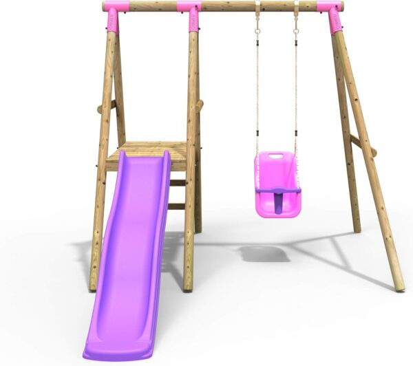 Rebo® Cassini Wooden Swing Set with Platform and Slide - Cassini Pink | OutdoorToys | Baby Swing Seat, Sturdy Wooden Construction, Pressure Treated Timber - Image 2