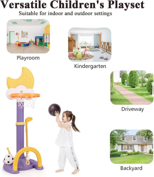 Maxmass 4 in 1 Kids Basketball Hoop Set, 9 Levels Toddler Basketball Stand with Electronic Scoreboard, Soccer Goal, Ring Toss, Golf Set, Kids Sports Activity Center for Boys Girls (Purple+Yellow) - Image 6