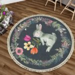 Round Boho Nursery Rug 4 ft Forest Animal Theme Cartoon Carpets Woodland Bedroom Decor Botanical Floral Rabbit Cute Area Rug Non Slip Circle Floor Mat for Boys Girls Room Playroom Classroom - Image 3