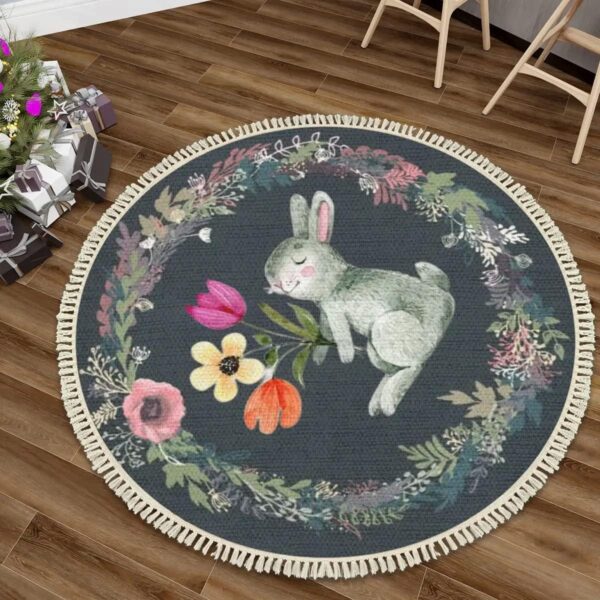 Round Boho Nursery Rug 4 ft Forest Animal Theme Cartoon Carpets Woodland Bedroom Decor Botanical Floral Rabbit Cute Area Rug Non Slip Circle Floor Mat for Boys Girls Room Playroom Classroom - Image 3