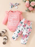 Edhomenn Baby Girls 3 Piece Fall Outfit Long Sleeve Romper and Floral Long Pants with Bow Headband - Image 2