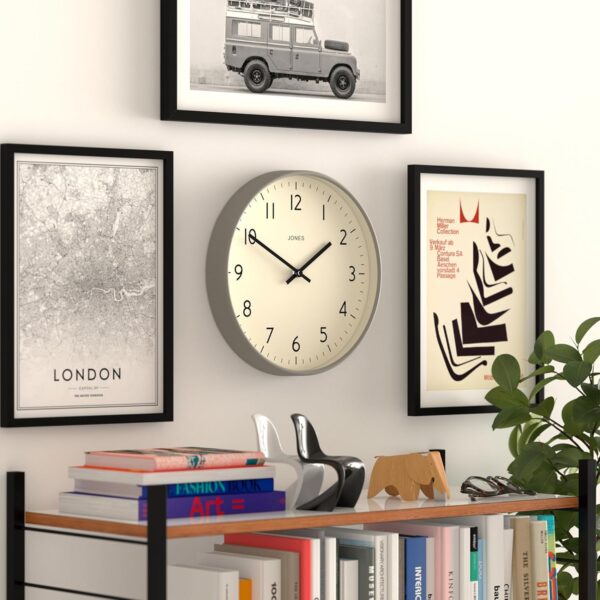 Jones Clocks® Vibrant Round Wall Clock in Acrylic the 'Studio' in Grey, 30 x 30 x 4cm - Image 4