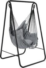 YITAHOME Hammock with Stand, Max. load 150 kg, Sturdy Steel Frame, Hammock Stand with Hanging Swing, 85x92x155 cm, Swing Chair with 2 Hooks and 1 Side Pocket for Patio, Balcony and Garden, Grey
