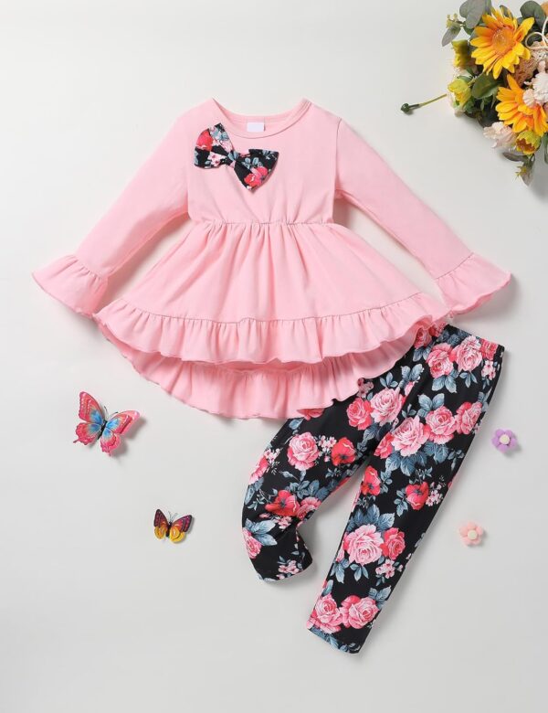 puseky Toddler Baby Girl Clothes Long Sleeve Ruffle Bow Solid Shirt Dress Tops and Floral Pants Girls Fall Clothes Sets - Image 2