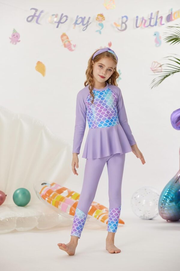 GRACE KARIN Girls 4pcs Set Swimsuit Long Sleeve Tops+Pants+Briefs+Hair-Band Swimwear - Image 2