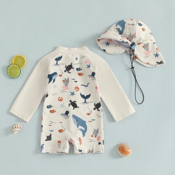 XIXIMAON Toddler Boy One Piece Swimsuit Marine Animal Print Half Zipper Long Sleeve Bathing Suit Kids Rash Guard Newborn Baby Boy Swimwear with Hat - Image 6