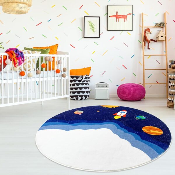 USTIDE Cute Kids Rug Outer Space Rug Universe Galaxy Rug Dark Blue Round Rug with Airship Rocket Soft Non Slip Carpet For Living Room Kids Bedroom Playroom Nursery, 120cm - Image 4
