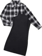 Kids Girl 2 Piece Outfits Teen Girls Sleeveless Bodycon Dress with Crop Jacket Children Plaid Long Sleeve Tops Shirts + Cami Short Dress Set Clothes