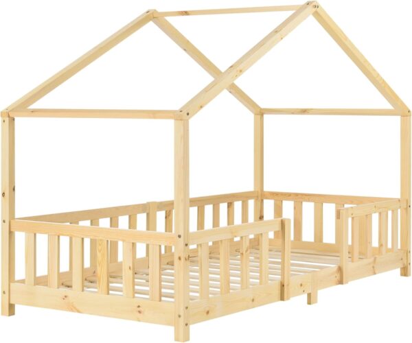 [en.casa] Children's bed Treviolo house bed 90 x 200 cm wooden bed for children with fall-out protection bed frame with slatted frame pine wood wood colours - Image 4