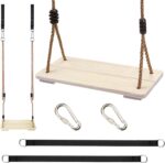 KINSPORY Wooden Swing, Wooden Tree Swing for Kid, Toddler Tree Swing Set, Wooden Swing Seat for Outdoor Porch Patio Garden Playgroud, Comes with Adjustable Nylon Rope and Tree Hanging Straps Kit