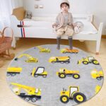 Poowe Round Construction Trucks Kids Area Rug Soft Fluffy Kids Construction Rugs for Playroom Nonslip Digger Nursery Rug for Boys Room,4FT - Image 3